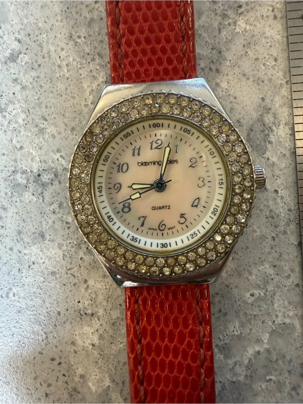 Bloomingdale’s Red Leather Strap Crystal Accent Watch